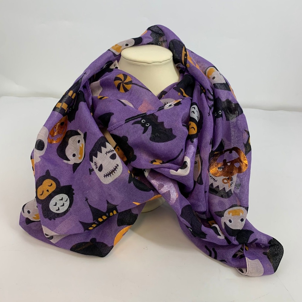 Collection 18 Halloween Scarf‎ Purple Multi Ghost Pumpkin Skull Bat